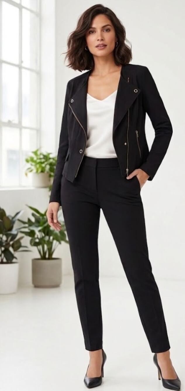 CAbi Black Moto Jacket Women’s L Stretch Knit Asymmetrical Zip Grommet Style 615